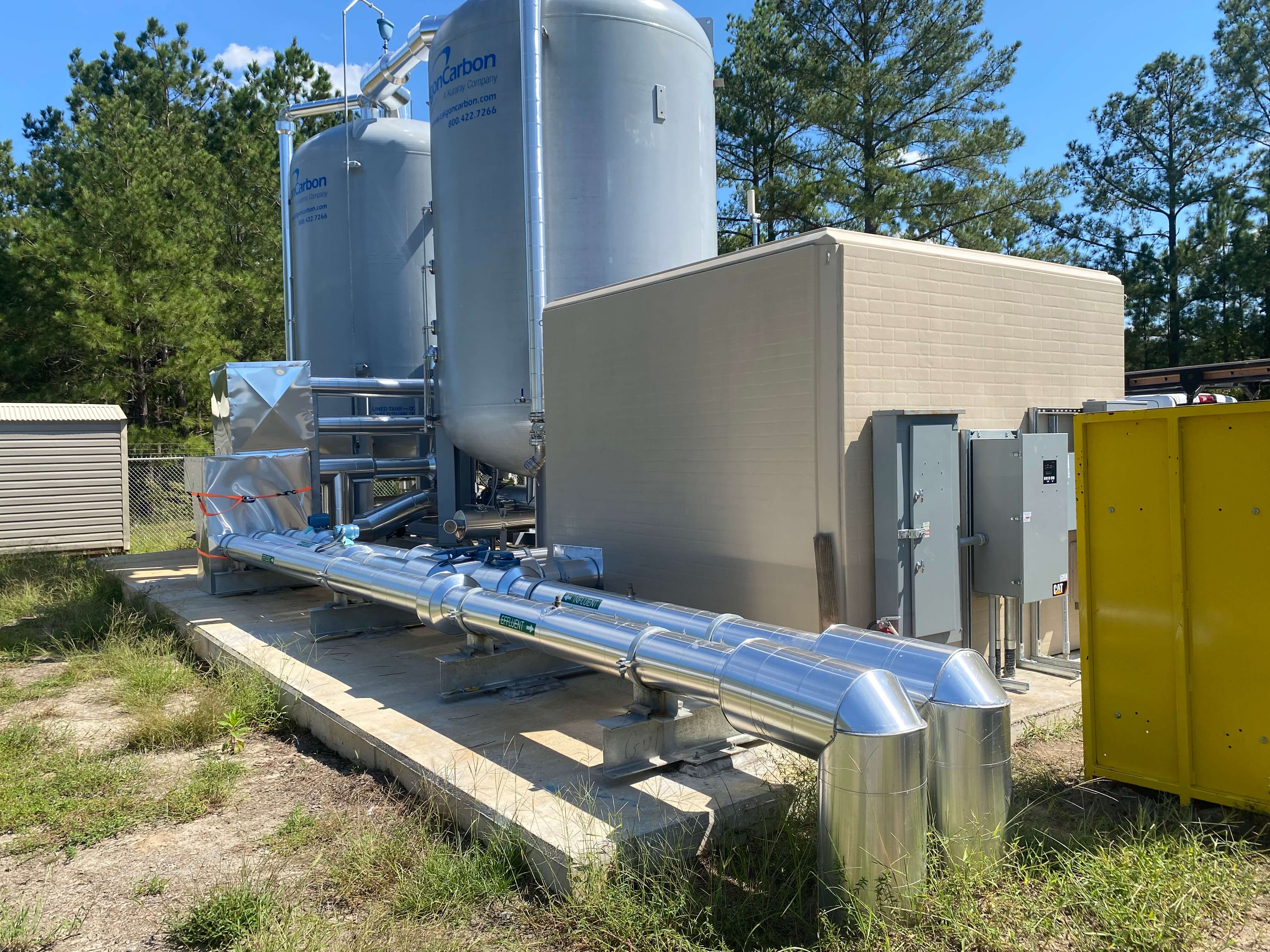 Rear view of a fiberglass booster pump enclosure.