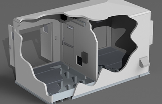 cad drawing of a fiberglass shelter with containment basin