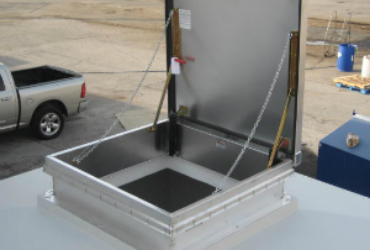 Metal BILCO Roof Hatch on Fiberglass Building, fiberglass buildings, fiberglass shelters, fiberglass shelter manufacturers, fiberglass equipment shelters