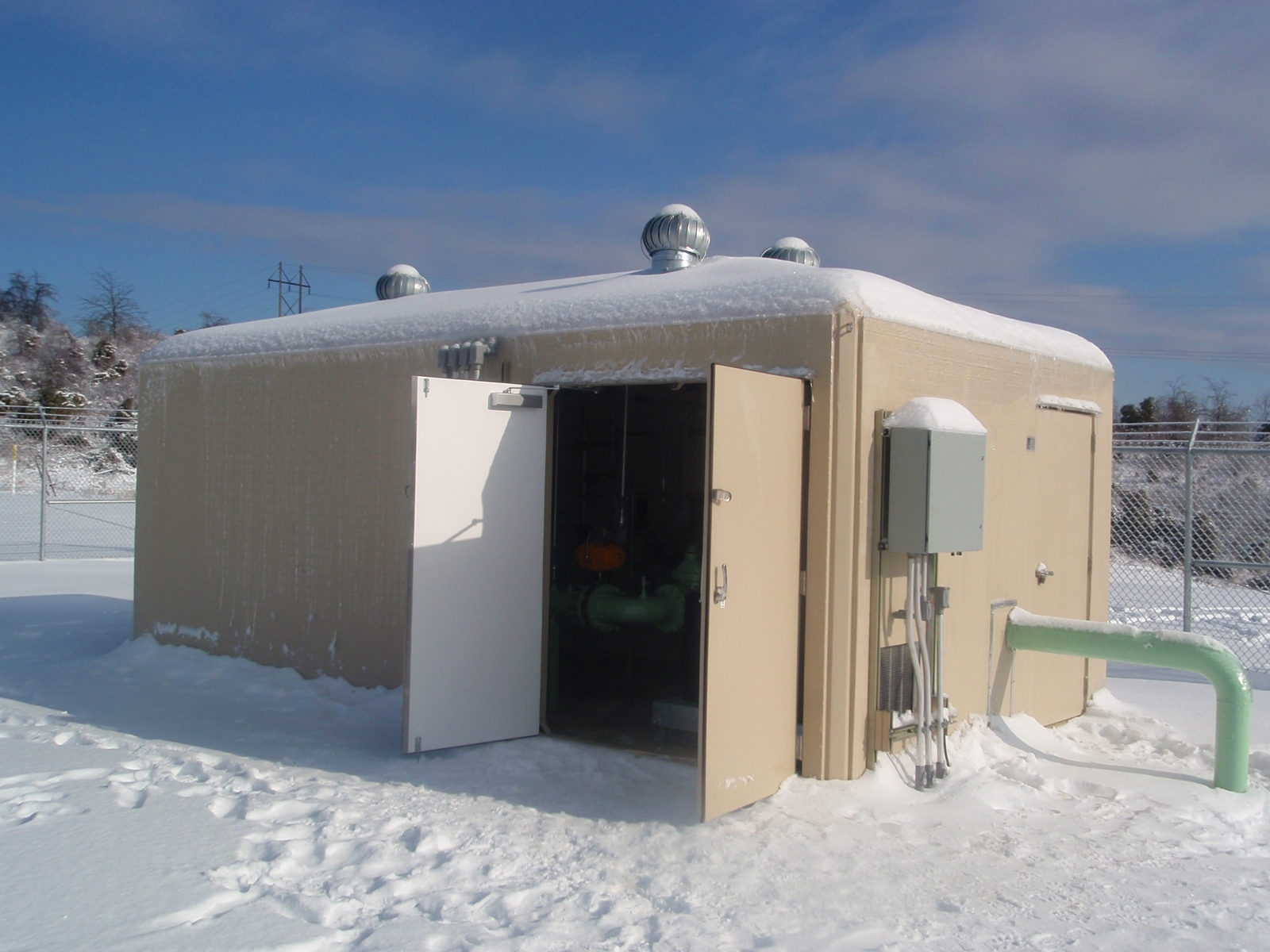 fiberglass building in snowy environment