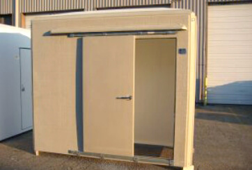 custom fiberglass shelter with sliding door